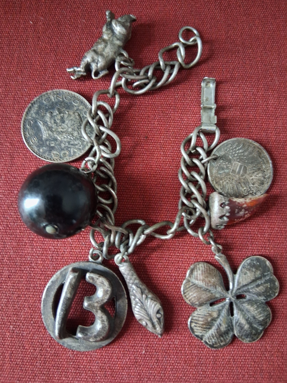 Vintage Coro Silver Tone Charm Bracelet with Black Bead  Clover Lucky 13 Snake